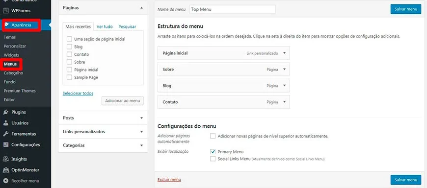 Como Criar Um Site WordPress – Guia Passo a Passo Para Iniciantes 33 Alterar Menus no WordPress