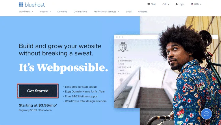 Como Criar Um Site WordPress – Guia Passo a Passo Para Iniciantes 2 Bluehost Página Inicial