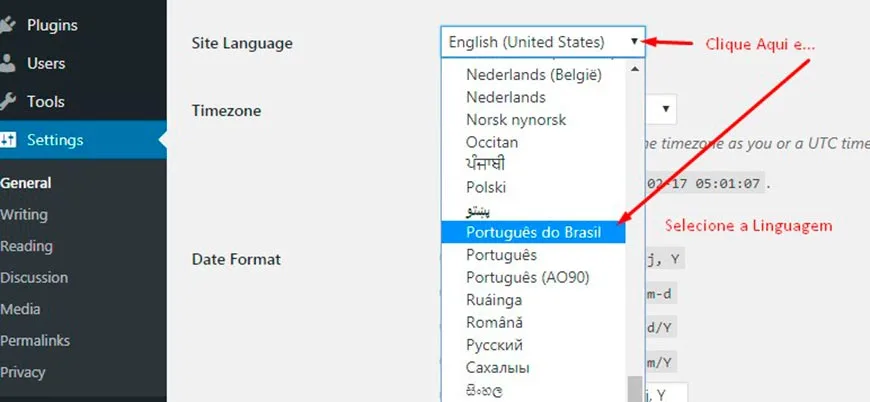 Como Criar Um Site WordPress – Guia Passo a Passo Para Iniciantes 17 Selecionando o Idioma Português do Brasil no WordPress