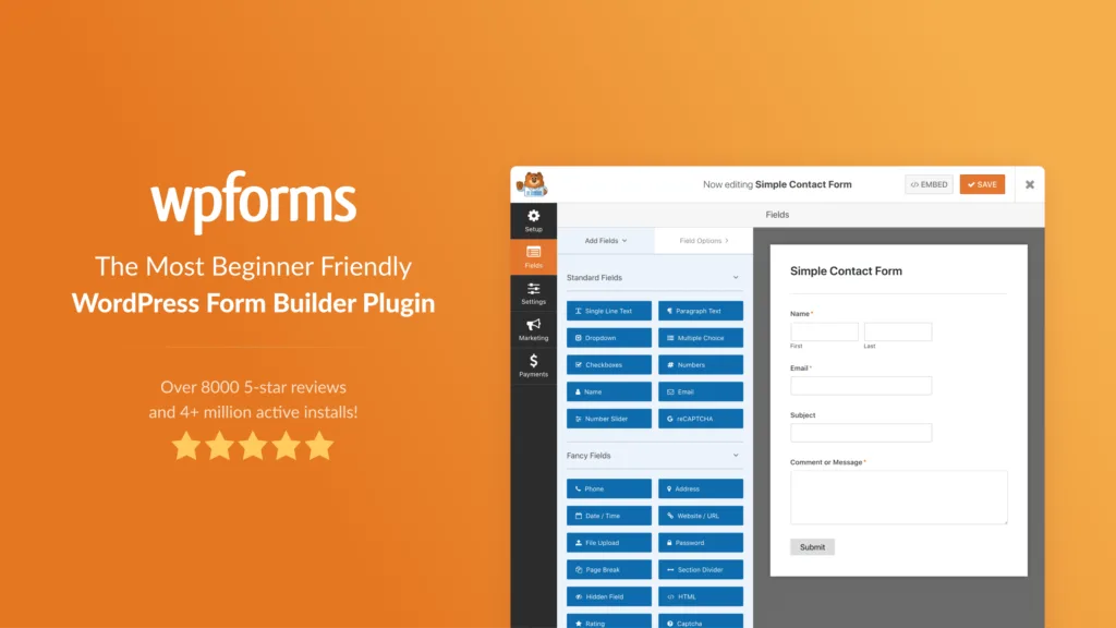 5 Melhores plugins de formulário de contato do WordPress que você pode usar em 2024 2 WPForms - Plugin de Formulário de Contato WordPress de Arrastar