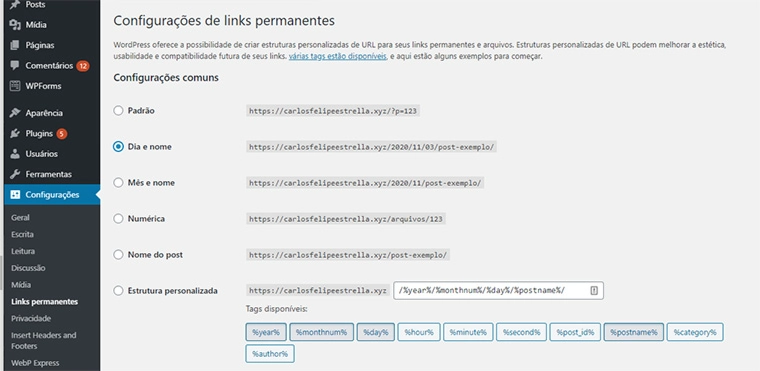 estrutura de link permanente do wordpress