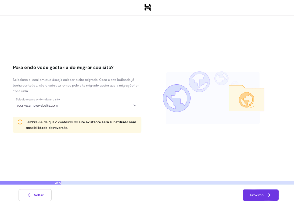 assistente de migração de site wordpress da hostinger: definindo domínio para o qual o site será transferido