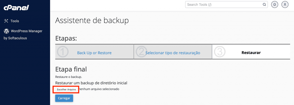 restaurar backup do site via cpanel