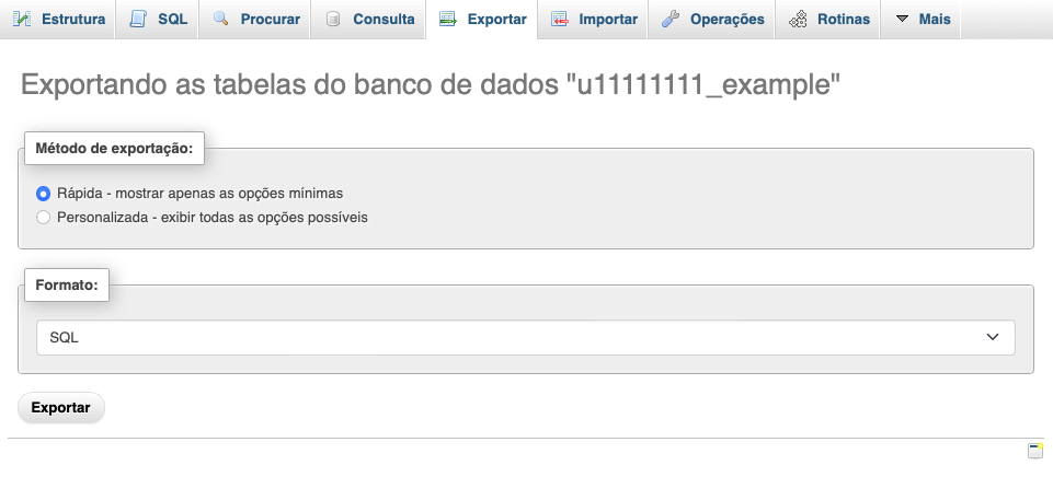 Exportando as tabelas do banco de dados no phpmyadmin